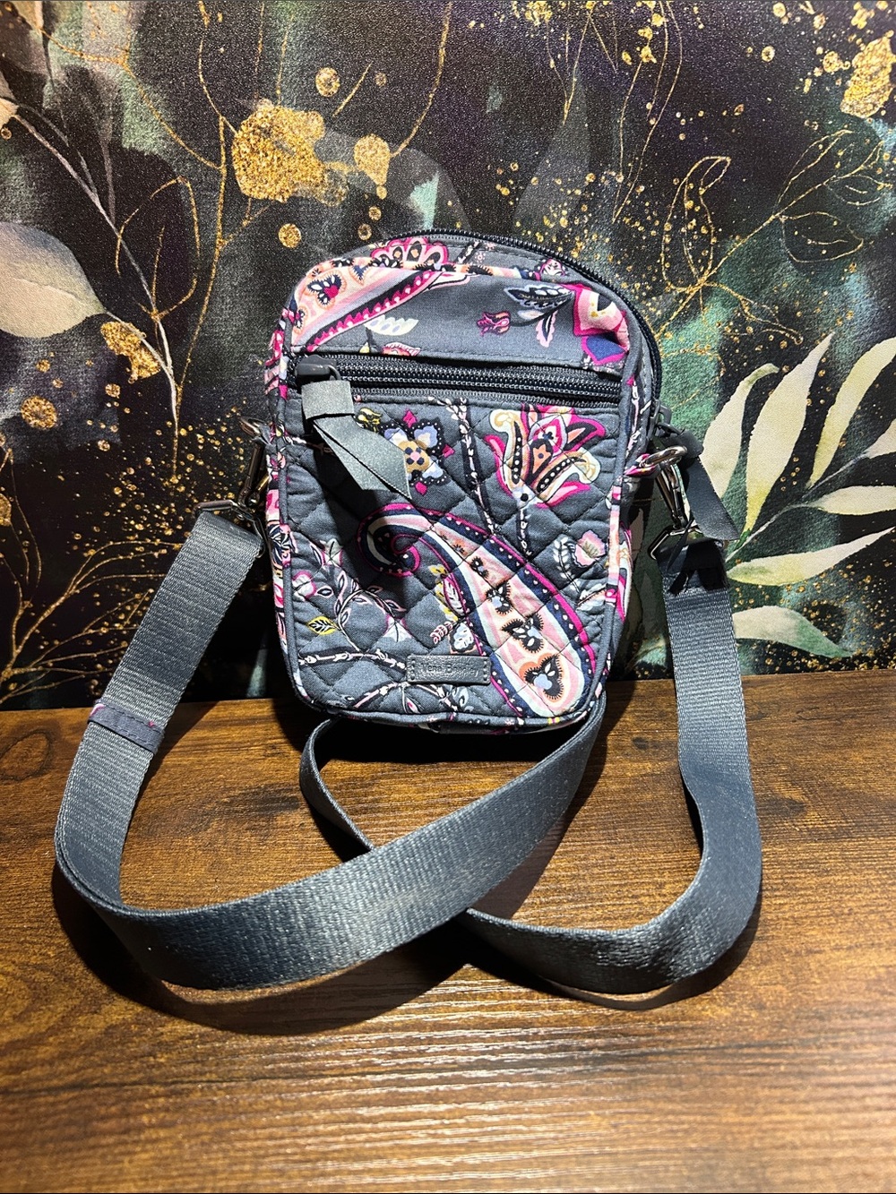 Vera Bradley Quilted Paisley Crossbody in Gray with Pink & Purple Accents